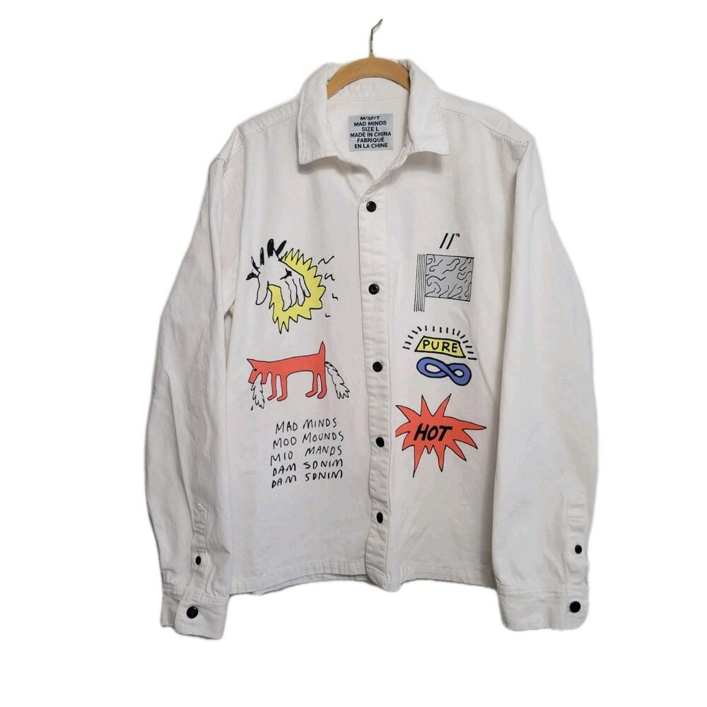 m/sf/t Mad Minds Shacket Men L 100% Cotton White Button Up Long Sleeve Art Funky